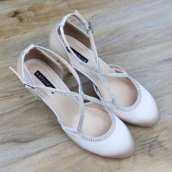 🩵NWOB Champagne Rhinestone Satin Strappy Platform Heels Size 8 - Picture 4 of 14